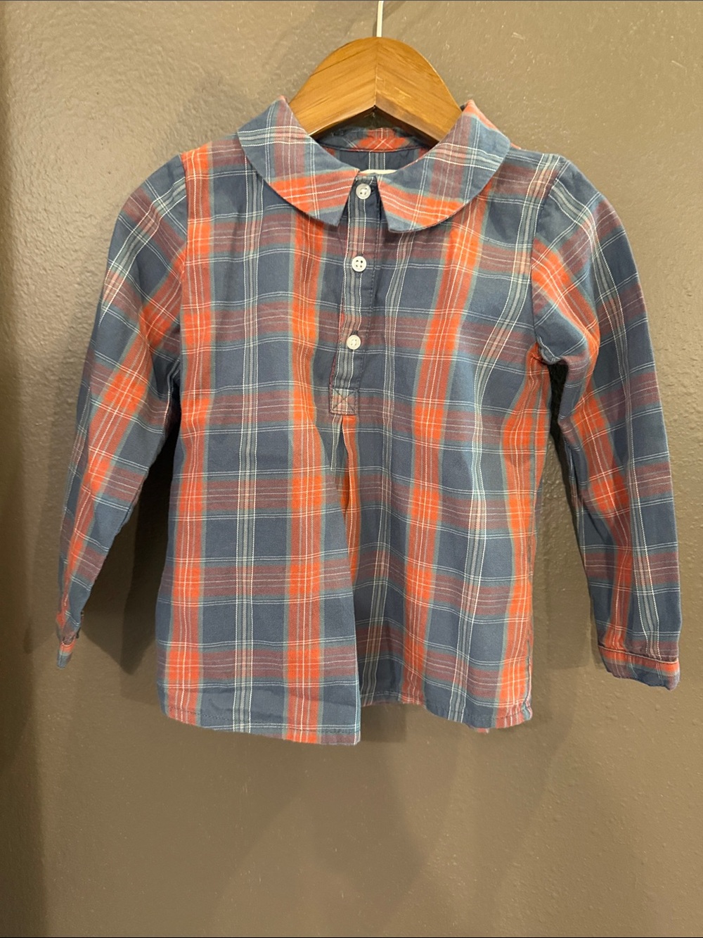 Kids Plaid Long-Sleeve Top with Peter Pan Collar - Blue & Red